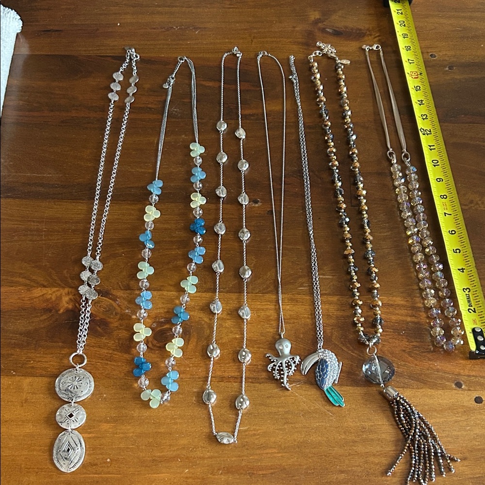 7 Mixed Women’s Beaded and Pendant Necklaces - Silver, Blue, Gold Tones